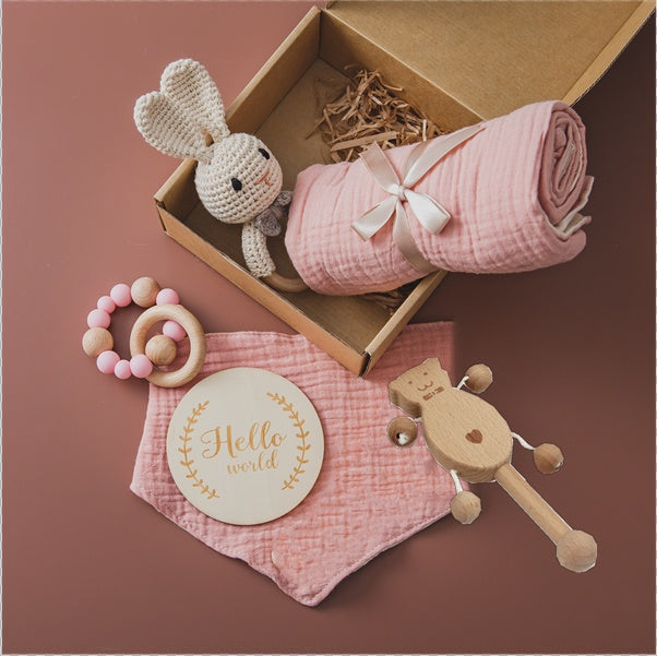 Organic Wooden Baby Crochet Rattle Set - Montessori Sensory Gift Box
