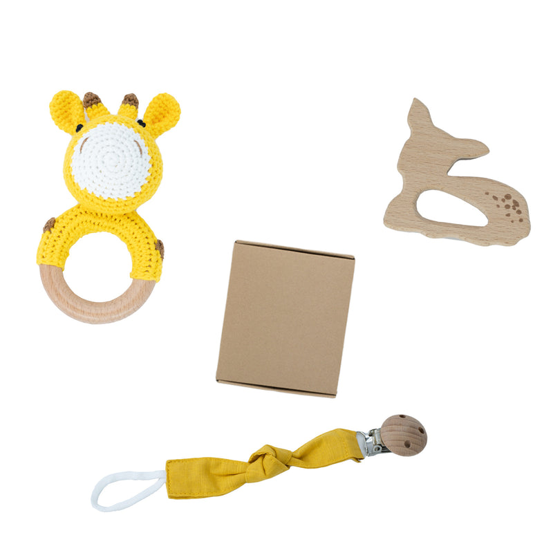 Organic Wooden Baby Crochet Rattle Set - Montessori Sensory Gift Box