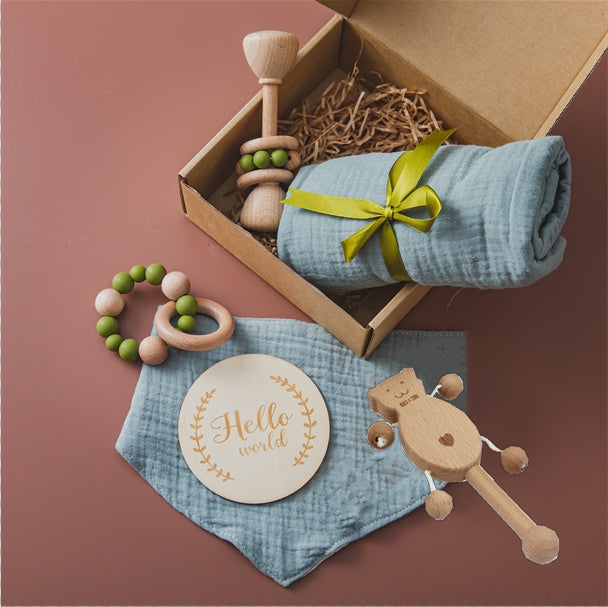 Organic Wooden Baby Crochet Rattle Set - Montessori Sensory Gift Box