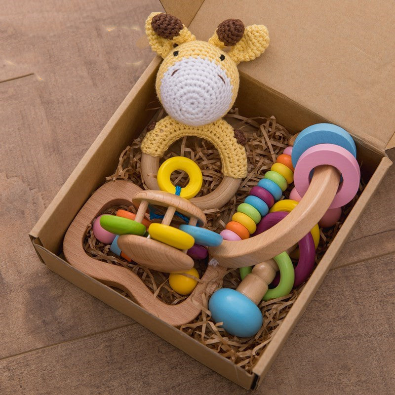 Organic Wooden Baby Crochet Rattle Set - Montessori Sensory Gift Box