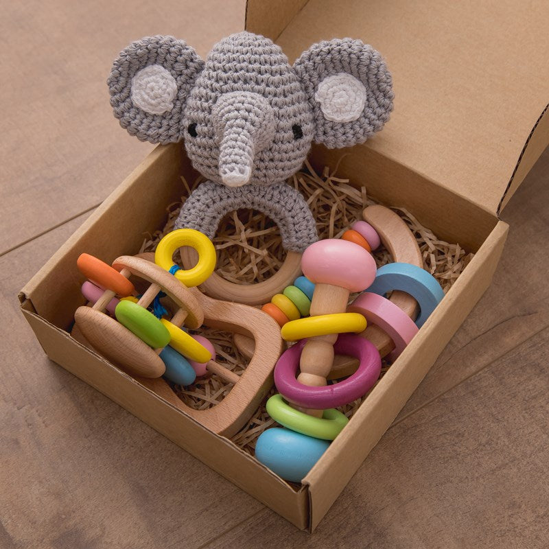 Organic Wooden Baby Crochet Rattle Set - Montessori Sensory Gift Box