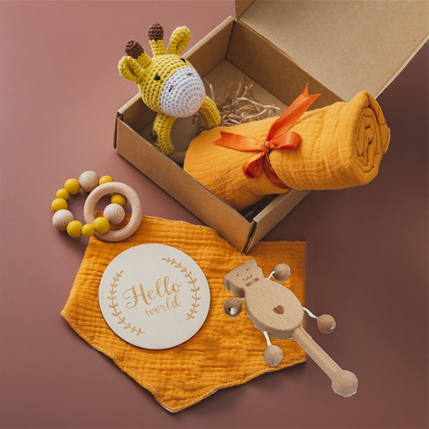 Organic Wooden Baby Crochet Rattle Set - Montessori Sensory Gift Box